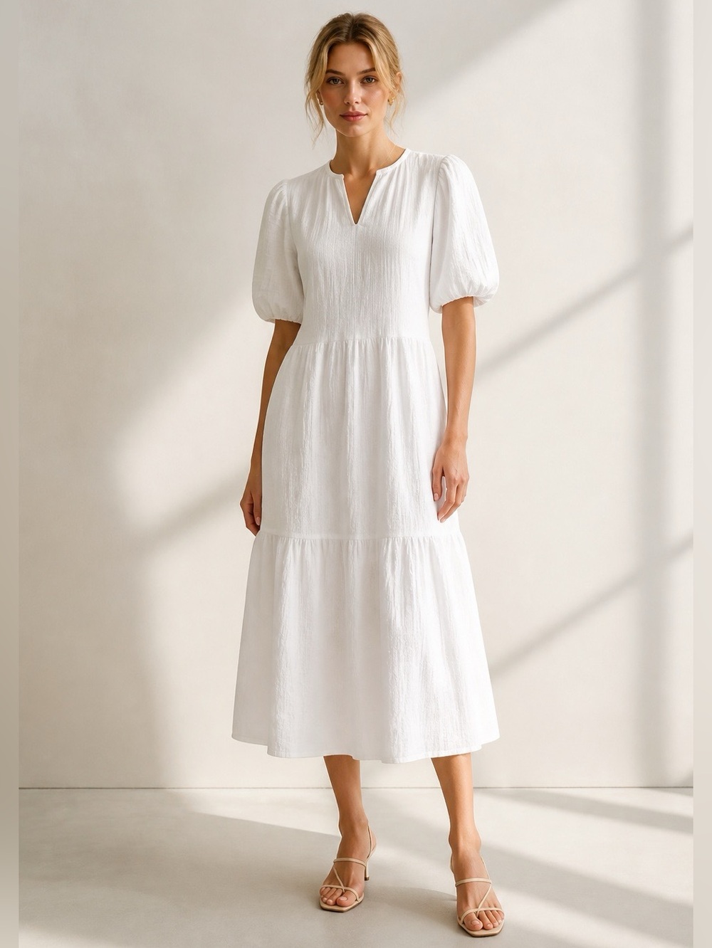 Caslon White Tiered Midi Dress with Puff Sleeves